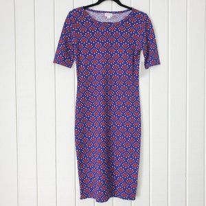 LuLaRoe Julia Dress XS NEW Bodycon Fitted Blue Red Starburst Pattern NWT